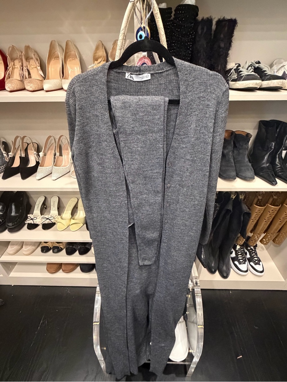 Zara Long Gray Open-Front Knit Cardigan